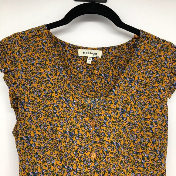 Monteau Mustard blue Floral V-neck Peplum Hem Top size S - Picture 4 of 13